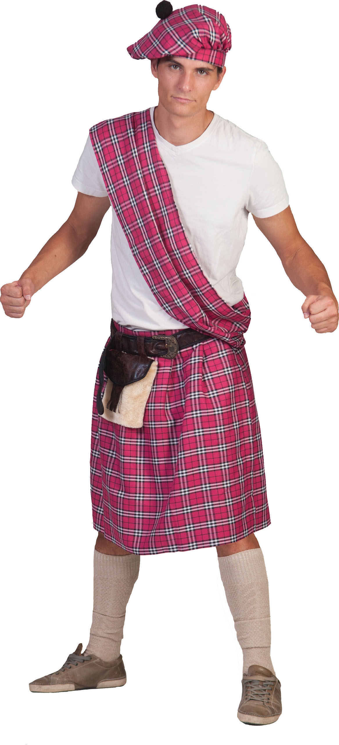 Roze Schotse Highlander Tartan Man Kostuum