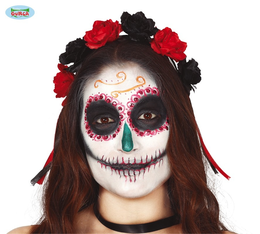 Dia De Los Muertos Hoofdband Met Zwarte En Rode Rozen