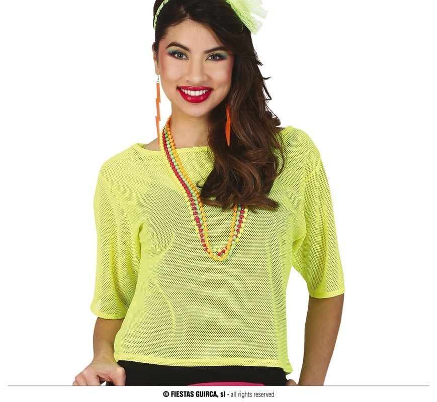 So 80s Visnet Neon Geel Shirt Vrouw