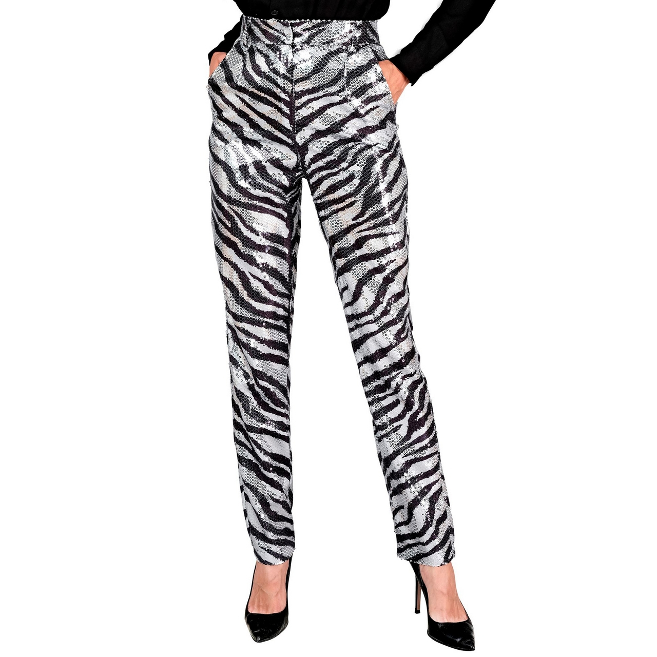 Pailletten Broek Zilver Zwart Zebra Strepen Vrouw