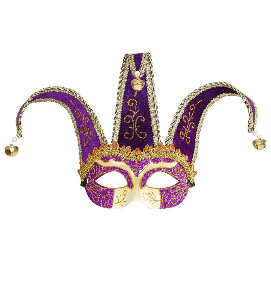 Nar Oogmasker, Joker Met Decoratie Glitters, Paars