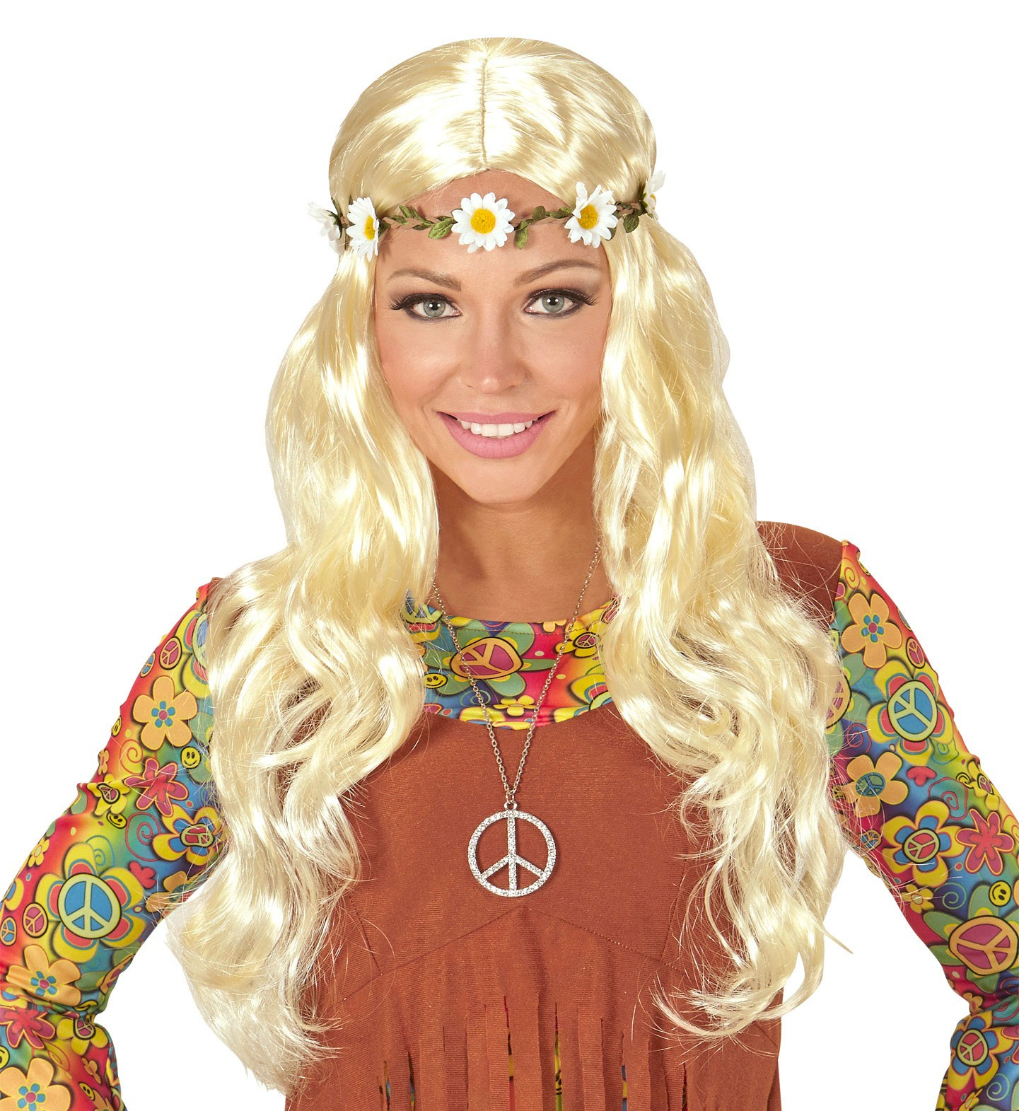 Curly Carla Pruik, Hippie / Middeleeuwen Blond Met Bloemen Hoofdband