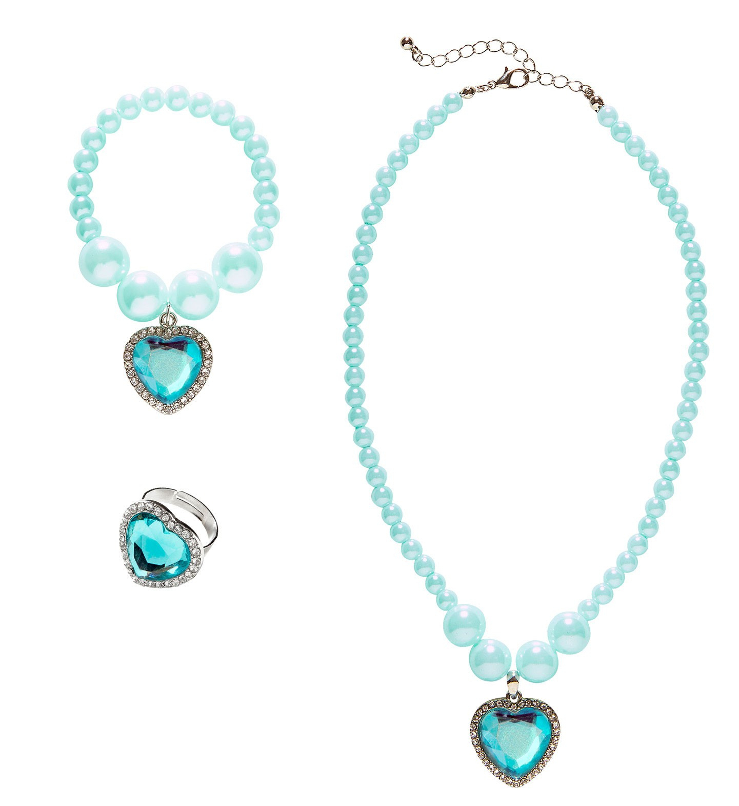 Prinses Ketting, Armband, Ring Strass Hart Azuur Blauw