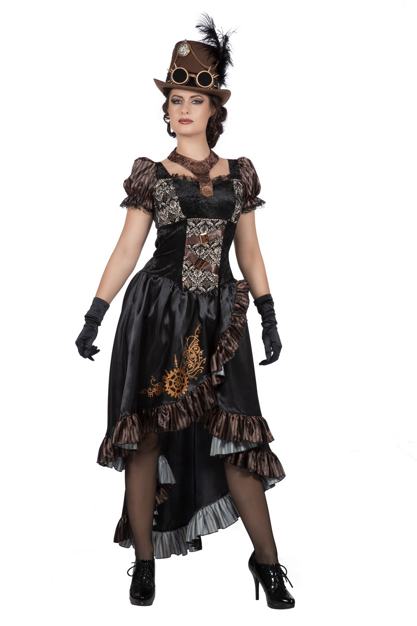 Zwart Glanzend Steampunk Met Tandwielen Vrouw Kostuum