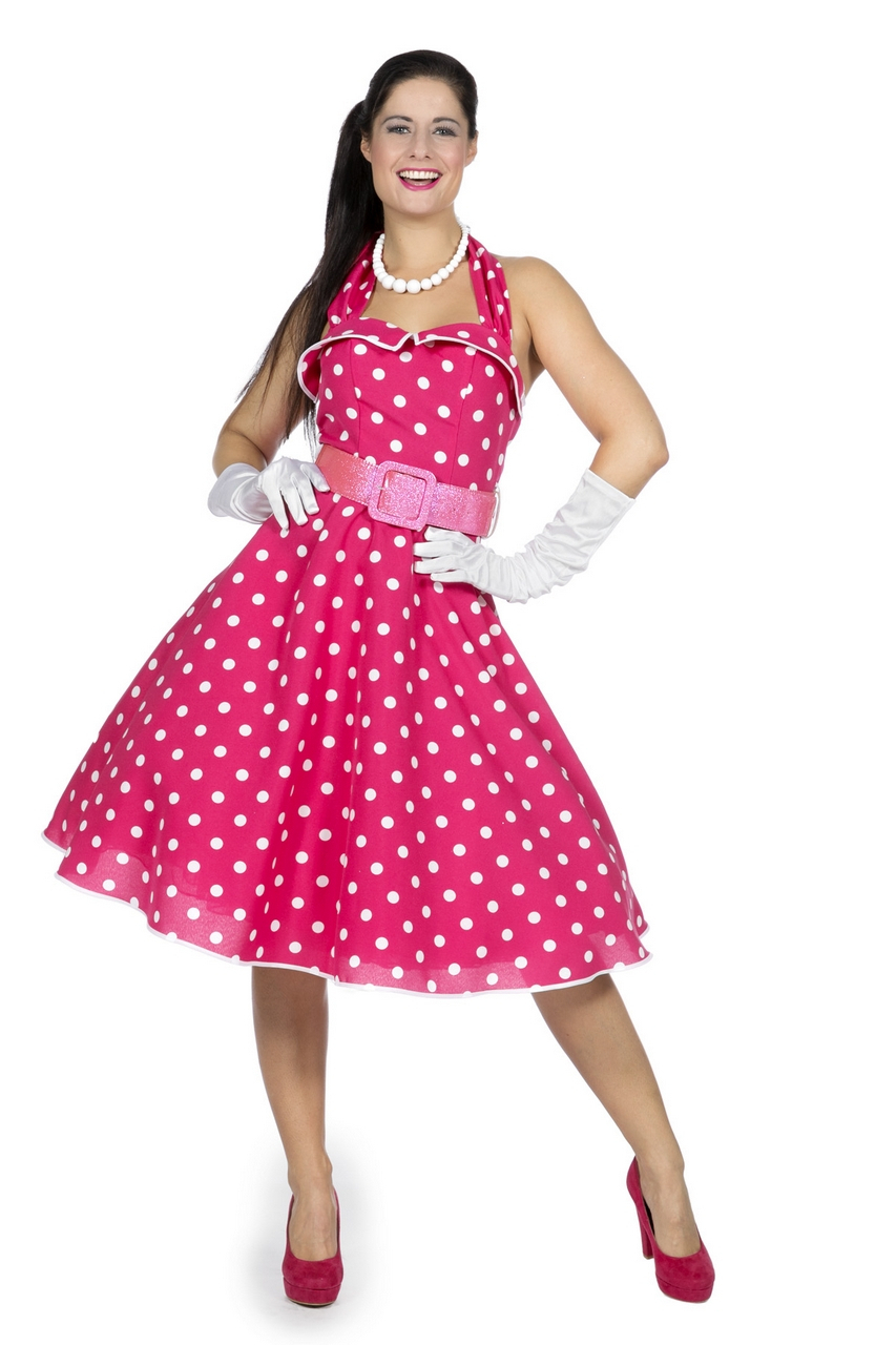 Jaren 50 Roze Stippen Swingdress Met Riem Vrouw Kostuum